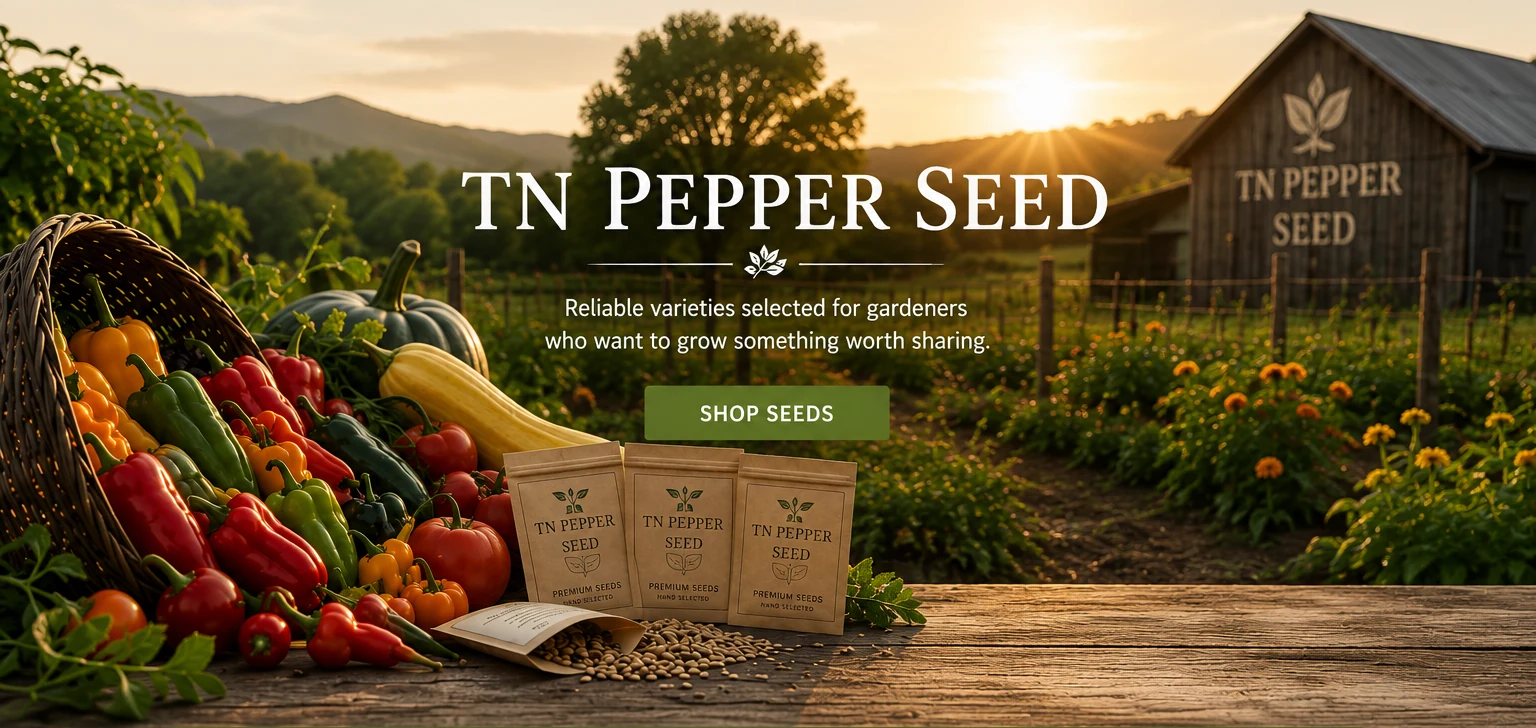 A garden harvest with TN Pepper Seed packets, a farm field, and a rustic barn at sunset